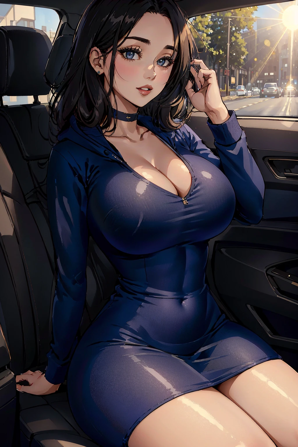 1girl, choker, cleavage, ckrdress-fc <lora:ckrdress-fc-v2:1>, full body, RAW photo, a 22-year-old-girl, upper body, selfie in a car, blue hoodie, inside a car, driving, lipstick, soft lighting, high quality, highres, sharp focus, extremely detailed, (sunlight on face), beautiful detailed eyes, masterpiece, cinematic lighting, dslr, Fujifilm XT3