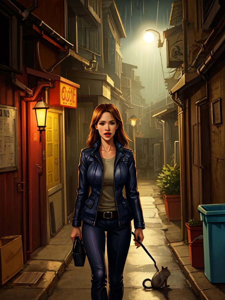 add_detail, masterpiece, Jennifer Garner as a sexy secret agent, spy gear, nighttime, dark alley, rats in the garbage, raining, rays of light coming from a lamppost,