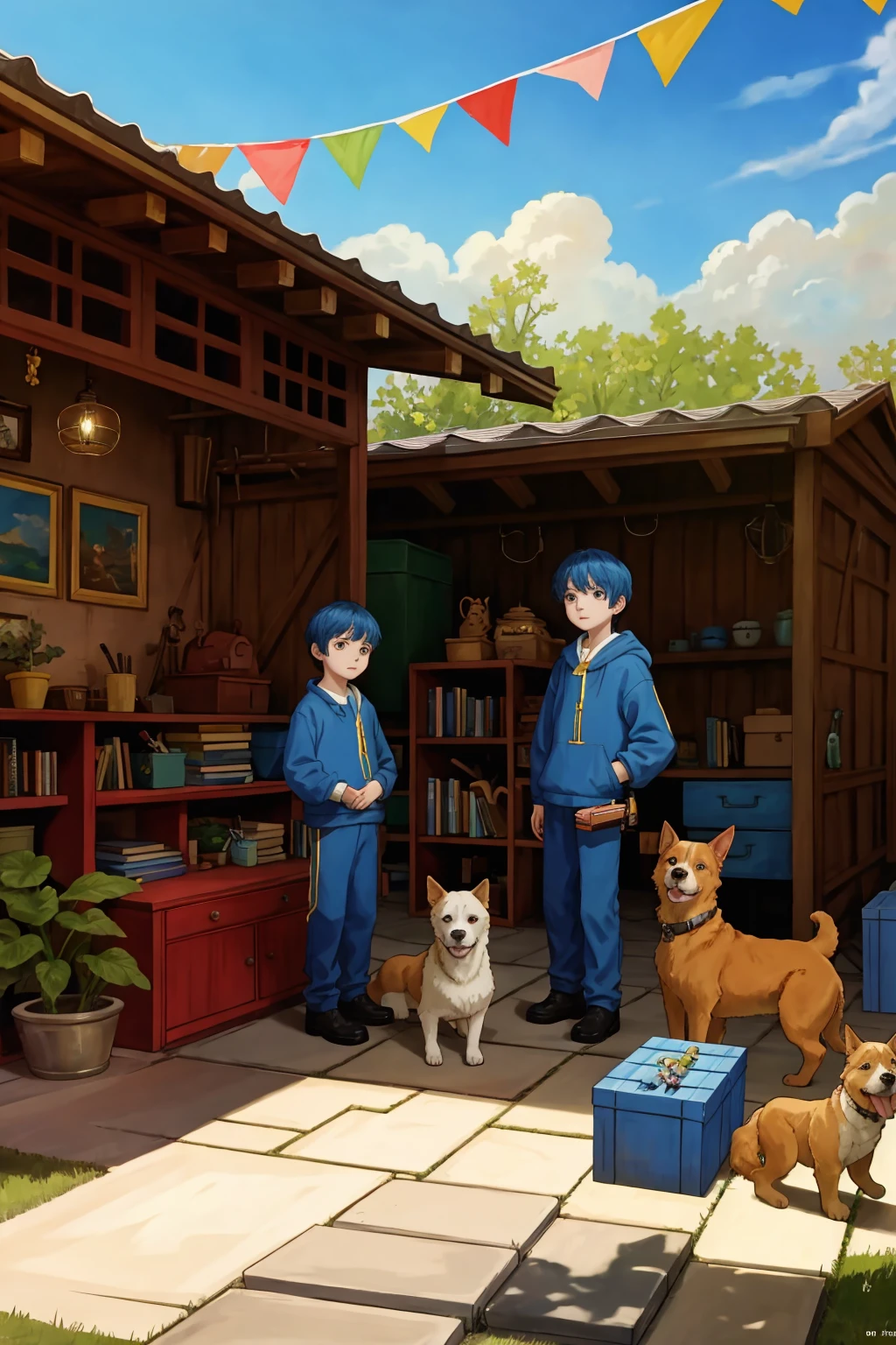 2boys 2girls siblings child backyard patio with dogs posing bright sunny day (Clutter-Home:0.8), (masterpiece:1.2) (illustration:1.2) (best quality:1.2) (detailed) (intricate) (8k) (cinematic lighting) (sharp focus)