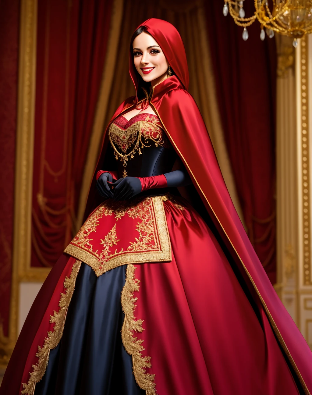 4K, Masterpiece, highres, absurdres, smiling,beautiful ballgown, RHG, a woman in a red cape and black stockings ,wearing RHG , wearing a ballgown <lora:LittleGown:0.7>