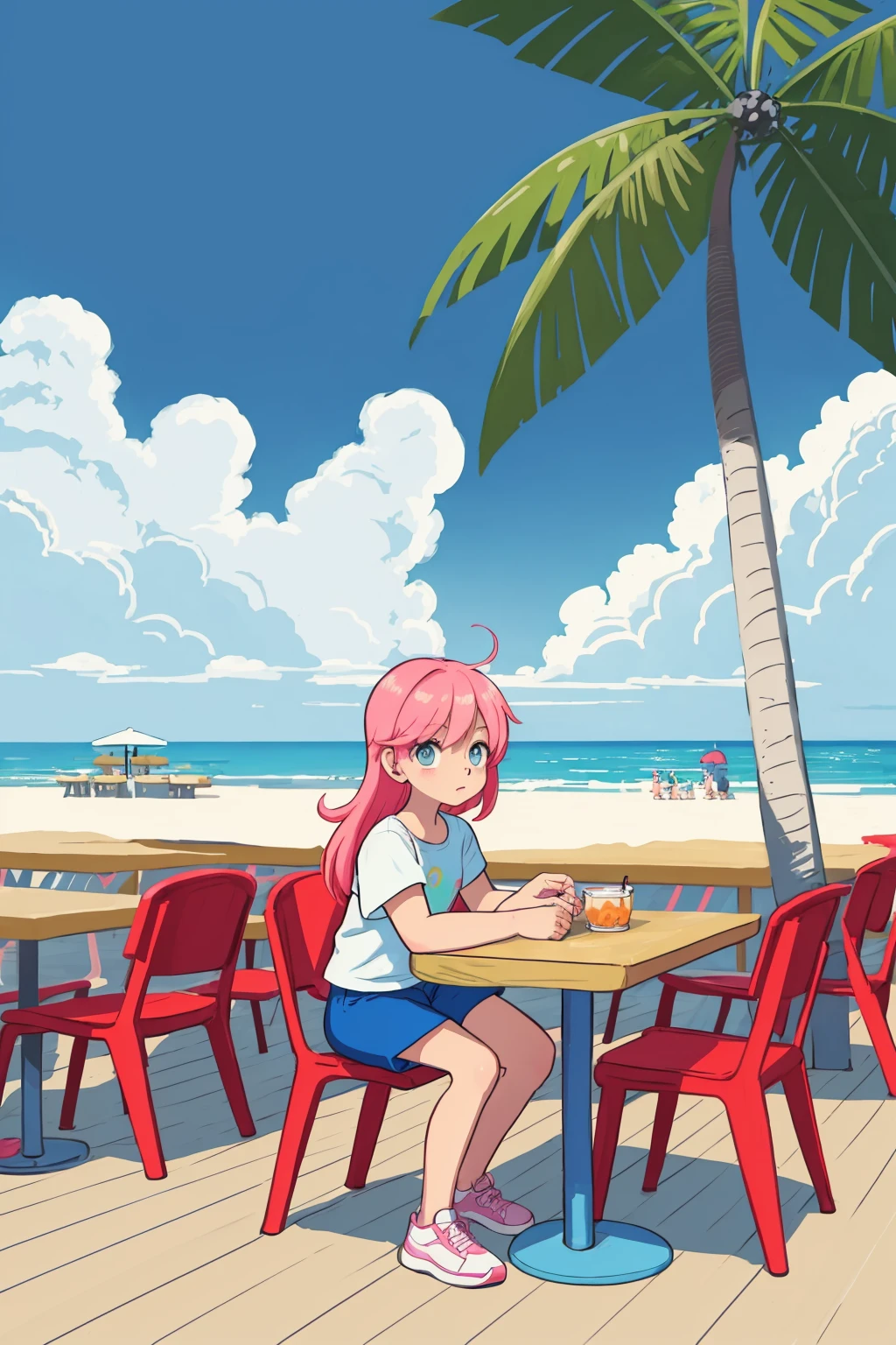 drawing of a girl child on a beach boardwalk cafe sitting at the table wearing a tshirt and pants sneakers tropical beach beautiful cloudy sky bright sunny day (masterpiece:1.2) (linework) (animation) (flat illustration:1.1) (best quality:1.2) (8k) (clean lines)