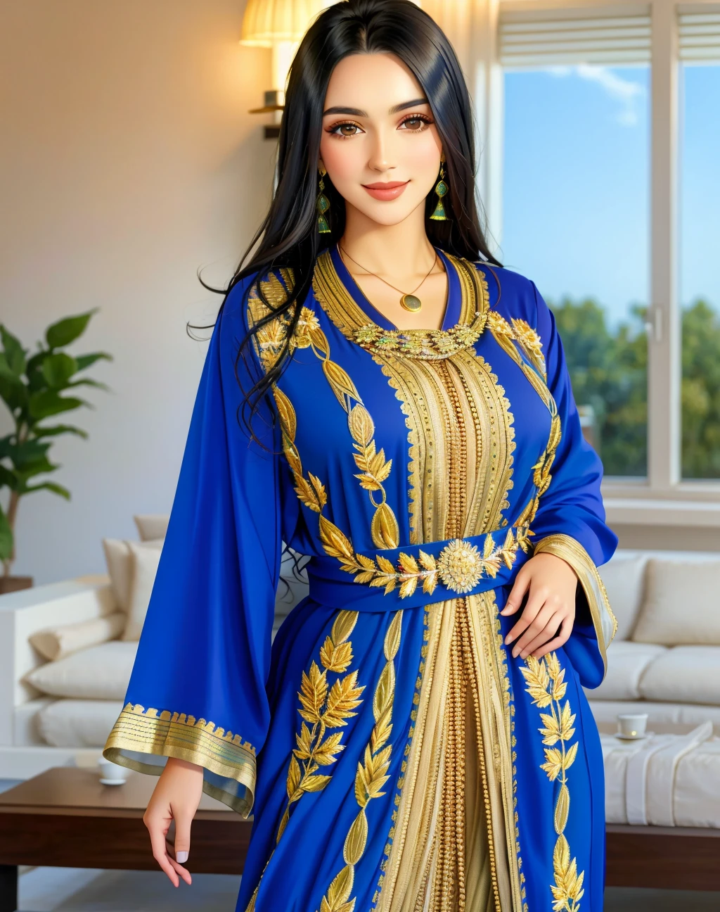 4K, Masterpiece, highres, absurdres, smiling,beautiful dark haired mod_woman, face focus , wearing a caftan, portrait, perfect mod_body, <lora:mod:1>, <lora:Moroccan_Caftan:0.25>
