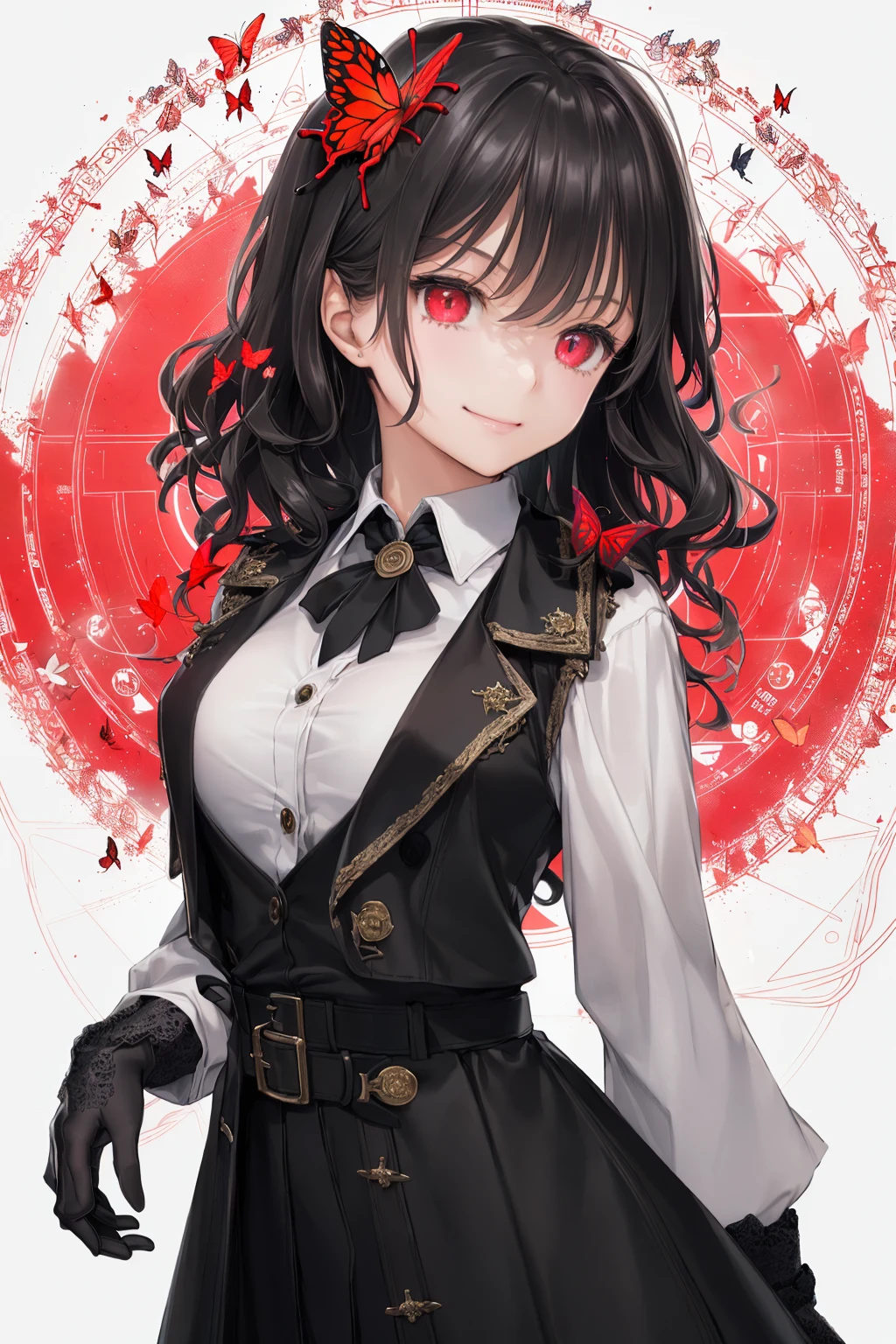 masterpiece, (best quality:1.1), (1girl), solo, cowboy shot, (finely detailed eyes and detailed face:1.3), (illustration:1.1), field of depth, (extremely fine and beautiful:1.1), (black trench coat + beautiful detailed black vest + white shirt:1.1 + black tie + black skirt + black flower on head + black gloves), (white_hair + medium_hair + wavy_hair), (red eyes:1.1),small_medium breasts, eyelashes, , pale skin, evil smile, beautiful detailed fallen small city + detailed ruin, many object, beautiful and clear background:1.2, renegade, evil, ((Red butterflies flying|around the character:1.3 + red light particles:1.15), ((perfect magic circle:1.3)), many object<lora:SilvermoonMix01V1.1:1>