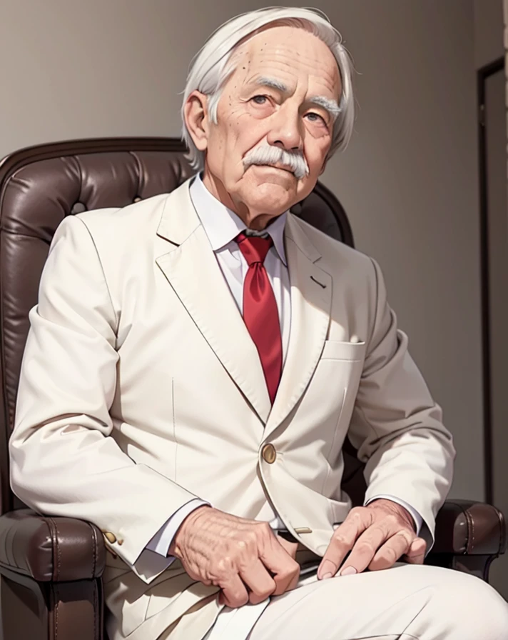 (An 80 years old man with nasolabial folds on his face:1.1), (white mustache:1.1), white suits, white short cut corners hair ,long brown red tie, beige jacket, his both fingers in front of his face, Werther's Original, sitting on the chair, glowing eyes, morinaga