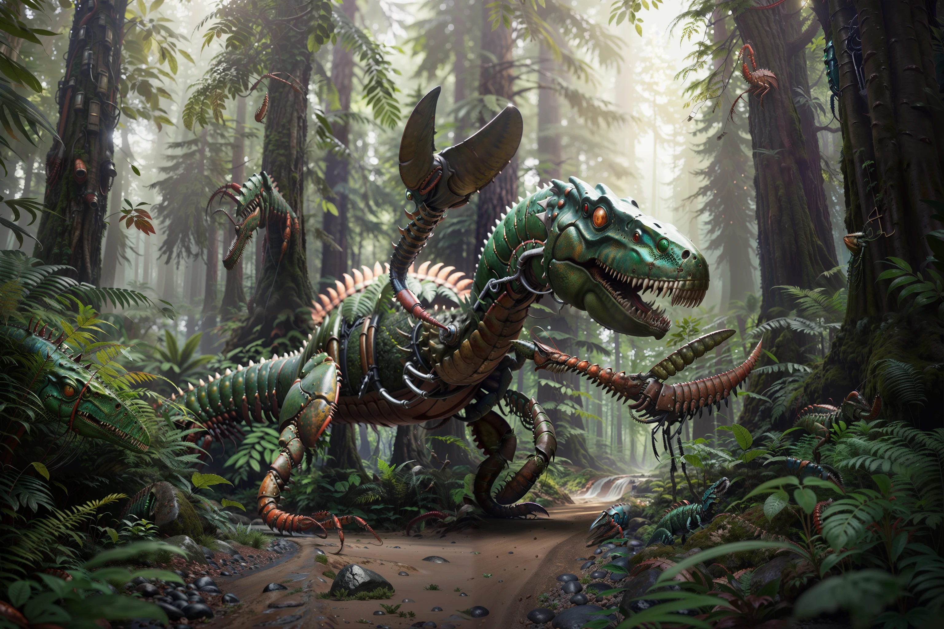 ((Best quality)), ((masterpiece)), ((realistic)), T-Rex's head on a green Lobster's body, ((Waving Lobster pliers)), Electricity, with fantasy elements, roaming through a magical forest filled with lush foliage and surrounded by towering trees, with soft diffused sunlight shining through the leaves, beautifully illustrated in surrealism style by J.R.R. Tolkien, using digital painting as the medium. The artwork captures the vibrant colors of the forest and earthy tones of the T-Rex's head and Lobster's body, with stunning details that make it a true masterpiece. The high-quality 4K resolution and use of Unreal Engine 4 bring this magical world to life, making it feel like you are there, standing on eye level, scenic, masterpiece.unreal 5, daz, hyperrealistic, octane render,Mech4nim4lAI