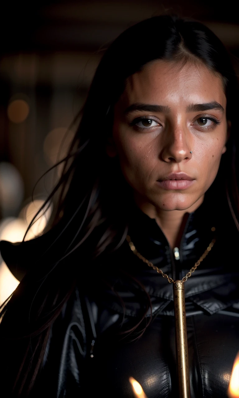 closeup, look at the camera, girl, no makeup, focus face, dark fantasy, dungeon, stone walls, torch, darkness, Full Frame, 35 mm, bokeh, (cinema shot),, <lora:rMadArt3_NoiseOffset:1>