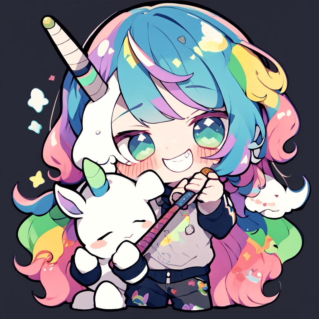 <lora:NijiEmotes-10:1> Niji Emote,twitch emote, kawaii, chibi, sticker, green eyes, rainbow hair, unicorn boy, horn, holding, holding a baseball bat, wild grin , rule of thirds, centered, prismatic, simple background,