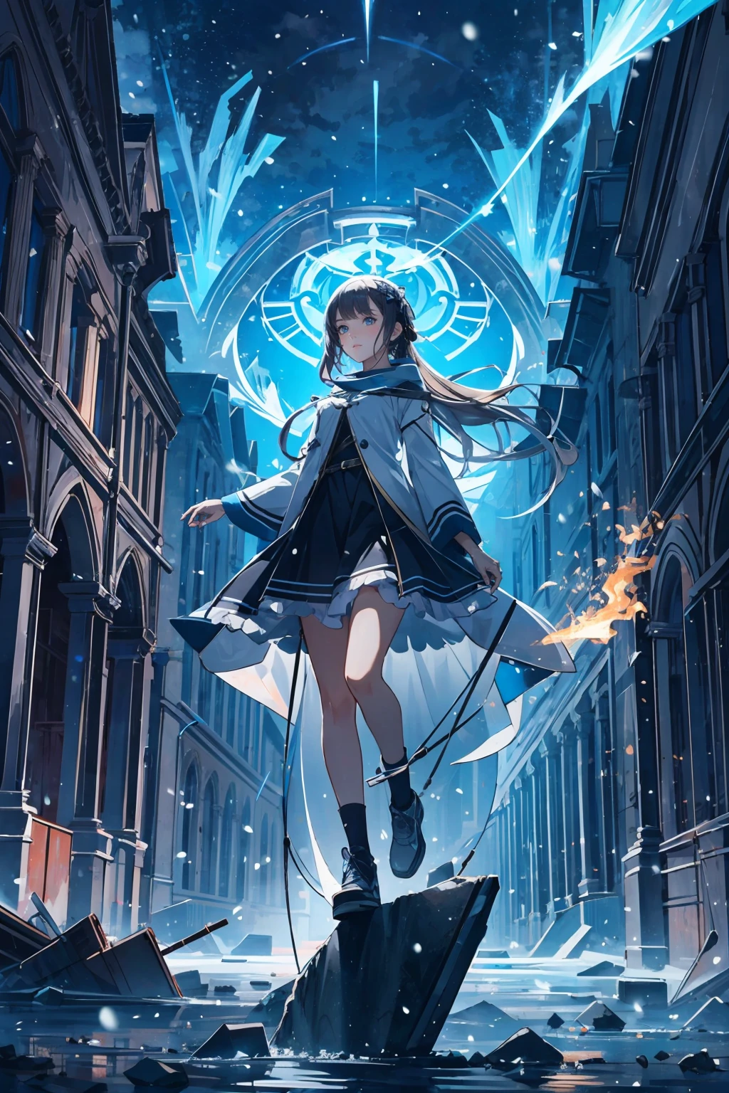 realistic, realistic details, detailed, bold outline
BREAK
1girl, solo, floating mid-air, glowing eyes, extremely beautiful and mystical,  dancing and playing violin, standing in the middle of ruins of a grand cathedral, desolate and abadoned, intricate architecture, grandeur, baroque architecture
BREAK
cathedral is ruined, roof is destroyed, with debris flying around, electricity particle effect, dust and debris, building is distorted, shattering, flooded, volumetric fog, half of building to the left of viewer is frozen on ice, snowing, half of building to the right of viewer is on fire.
BREAK
space and time distortion, aquatic spherical body around girl, emotional and celestial vibe, night with galaxies, meteor shower in a single direction.
BREAK
particle effects surrounding girl, debris, dust, light sparkle, flame, raining, aquatic bodies in intricate patterns, ephemeral vibe
BREAK
wide perspective, two point perspective, contrasting proportion, rule of third, aerial view, striking visual, contrasting hue, depth and dimension, light and shadow.
