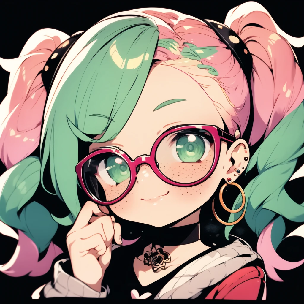 <lora:NijiEmotes-10:1> Niji Emote,chibi, twitch emote, kawaii, masterpiece, best quality, 1girl, solo, green eyes, choker, red hair, heart, glasses, earrings, looking at viewer, pink acket white-framed glasses, freckles, jewelry, heart-shaped glasses, shirt, portrait, smile, twintails, simple background, red jacket, blush, hoop earrings, sunglasses , rule of thirds, centered, simple background,