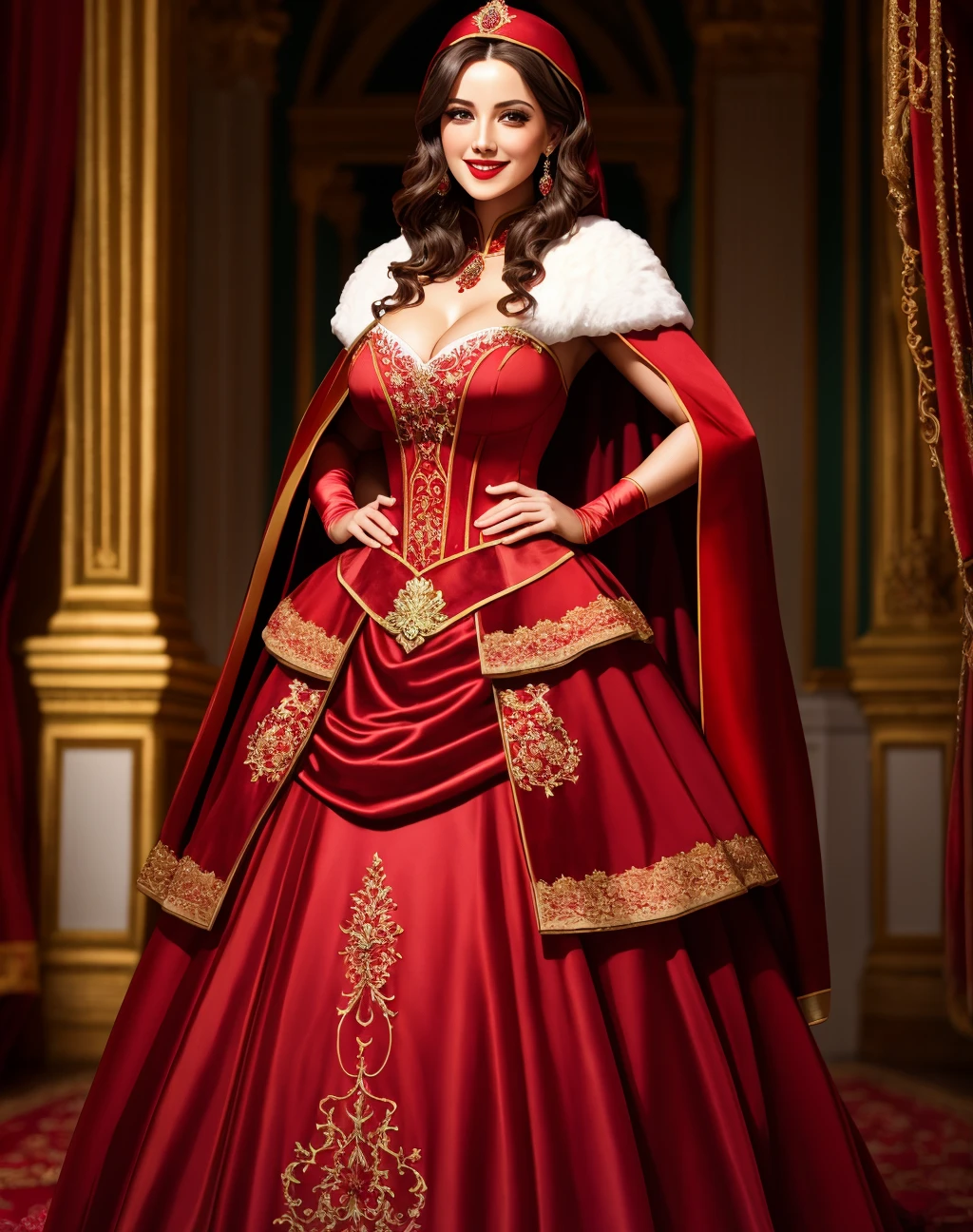 4K, Masterpiece, highres, absurdres, smiling,beautiful ballgown, RHG, a woman in a red cape and black stockings ,wearing RHG , wearing a ballgown <lora:LittleGown:0.7>