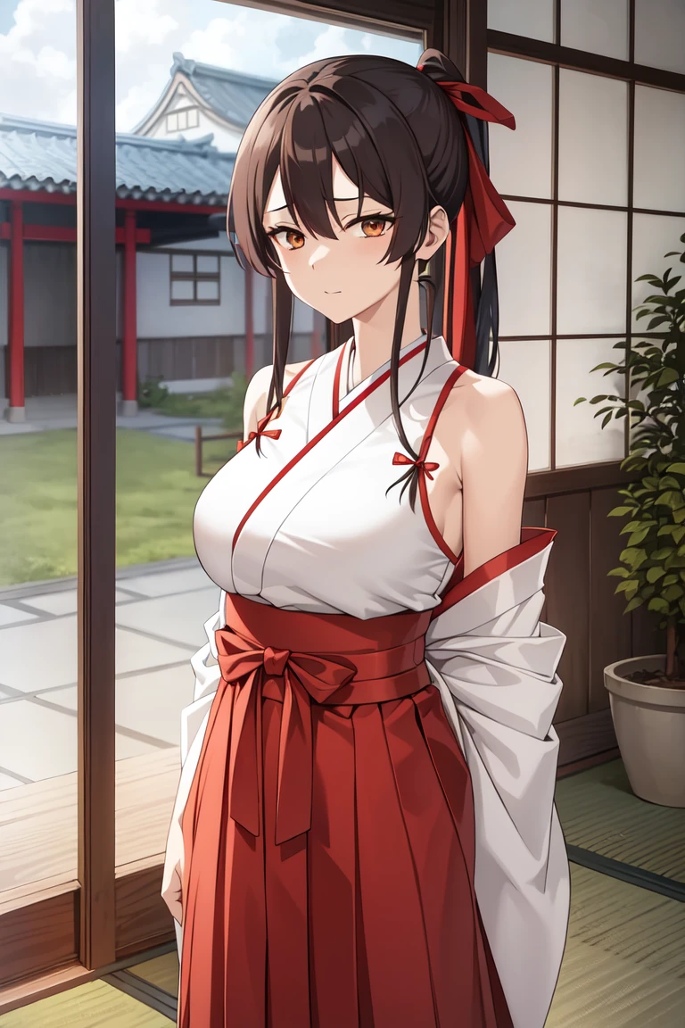 1girl, bangs, bare_shoulders, blue_sky, breasts, brown_eyes, cloud, cloudy_sky, day, detached_sleeves, fence, hair_between_eyes, hair_ribbon, hakama, hakama_skirt, japanese_clothes, kimono, large_breasts, long_hair, looking_at_viewer, obi, railing, red_hakama, red_ribbon, ribbon, sash, shouji, sky, sliding_doors, solo, tree, veranda, white_kimono
((best quality)), ((masterpiece)), (detailed), <lora:SagirinV5.1:0.7> Sagirin