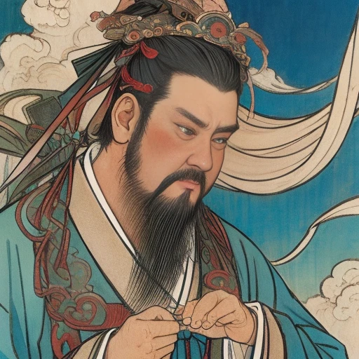 masterpiece, traditional_media, best quality, realistic, extremely detailed CG , 1 boy,hanfu, <lora:xuanxue_v1.0:0.55>, goatee,    old, long sleeves, portrait, solo, very long beard, ribbon, cloud,   sky,[dark-skinned male:0.6],   full-face blush,