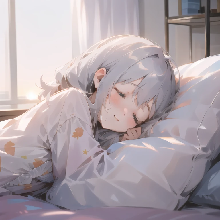 <lora:SleePeace:1.0>, sleepeace, 1girl, face down, silver hair, pajamas, sunrise backlighting,, ultra_detailed:1.2
