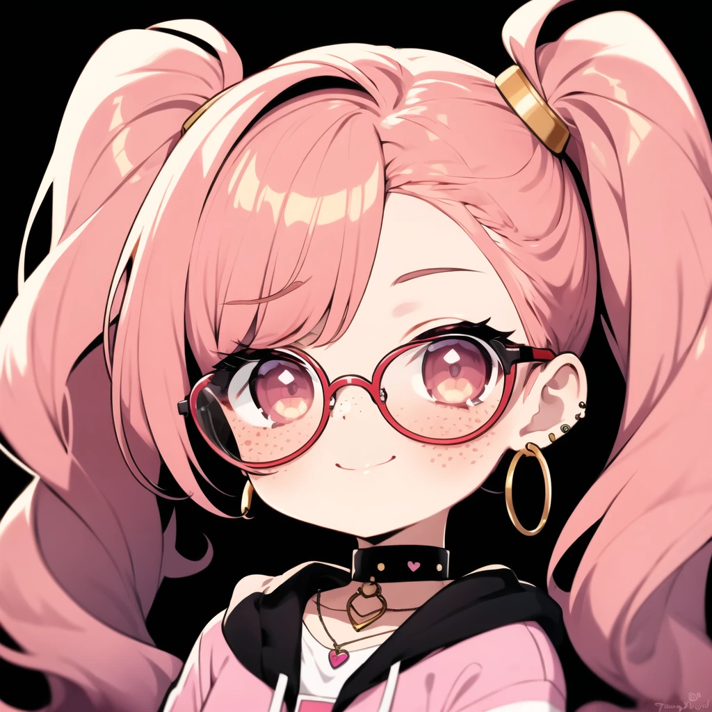 <lora:NijiEmotes-10:0.6> Niji Emote, chibi, twitch emote, kawaii, 1girl, solo, gold eyes,red hair, looking at viewer, pink jacket, freckles, jewelry, heart-shaped glasses, shirt, smile, twintails, simple background, hoop earrings, rule of thirds, centered, simple background,