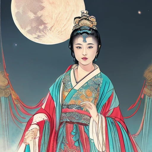 masterpiece, {{ultra-detailed}}, best quality, realistic, portrait, colorful,extremely detailed,photo of 1girl is walking on cloud, beautiful face, hanfu, ribbon, long sleeves, headdress, jewelry, cute face , star sky, bridge, moon, looking at viewer, <lora:xuanxue_v1.0:0.6>