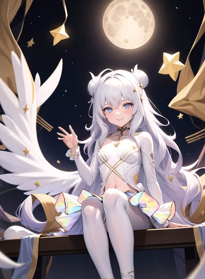LeMalinMuse,1girl,masterclass,best quality, outdoors,city,smile, ballerina,ballet dress, white pantyhose, ballerina, double bun, tutu, le_malin_(muse)_(azur_lane) , idol, idol_clothes, see-through ,wing_hair_ornament, city, at night, under the big moon, arm behind back, long sleeves, sitting, covered_navel, star \(symbol\), <lora:LeMalin_V7_8dim_e6:1>