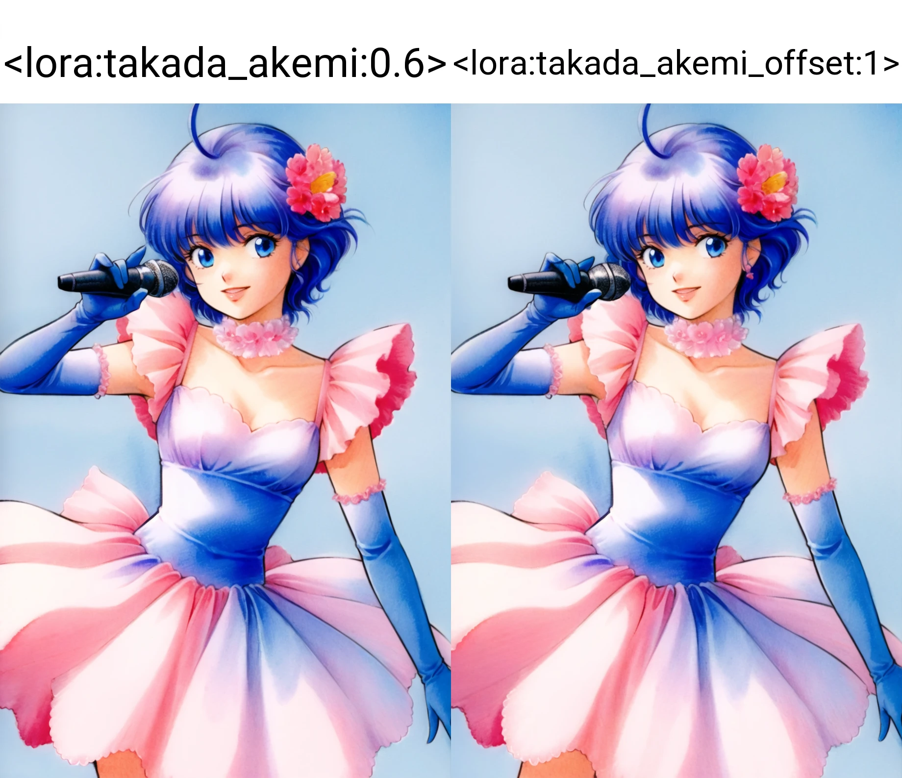 takada akemi, creamy mami, morisawa yuu, nega \(creamy mami\), posi \(creamy mami\), 1girl, ahoge, blue background, blue eyes, cat, choker, copyright name, dress, elbow gloves, flower, frills, gloves, hair flower, hair ornament, microphone, purple hair, short hair, smile, 1980s \(style\), painting \(medium\), retro artstyle, watercolor \(medium\),
<lora:takada_akemi:0.6>