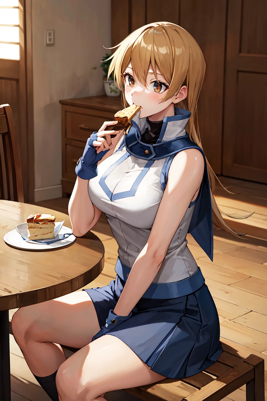 masterpiece, best quality, highres, ta1, white jacket, sleeveless, skirt, fingerless gloves, large breasts, <lora:tenjouin_asuka_v1:0.7>, sitting, indoors, table, eating, food