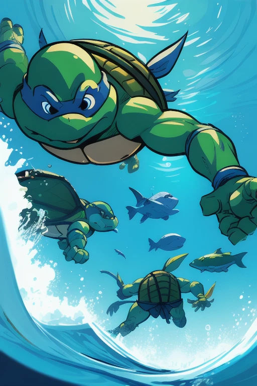 tmnt swimming underwater, action, cinematic, low angle, comic <lora:TMNTSaturdayMorningAdventures:0.9>