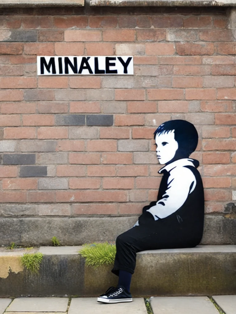 <lora:Banksy:1>a painting of a child sitting on a brick wall with a message written on it by Banksy