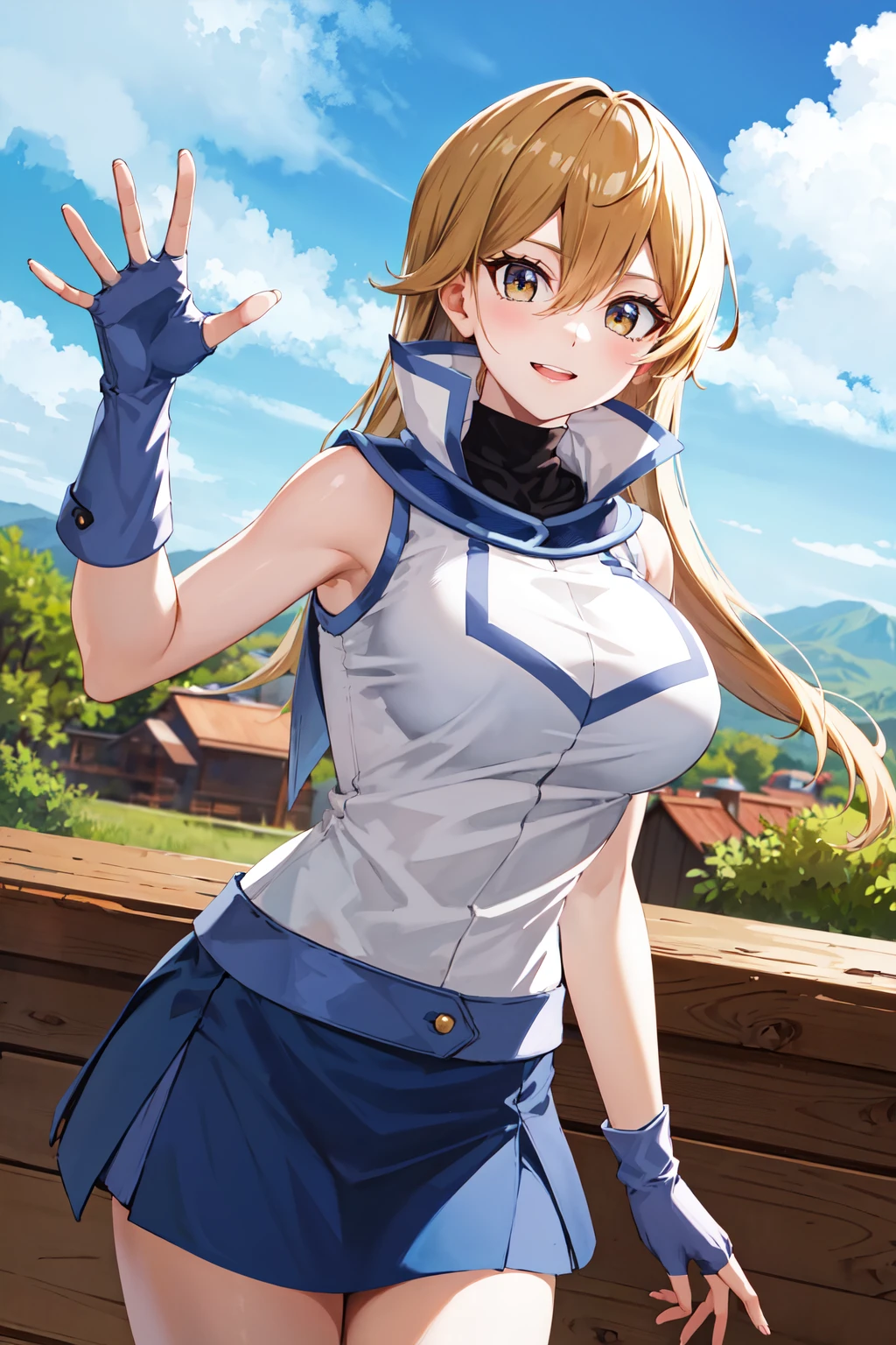 masterpiece, best quality, highres, ta1, white jacket, sleeveless, blue skirt, fingerless gloves, large breasts, <lora:tenjouin_asuka_v1:0.7>, waving, cowboy shot, outdoors