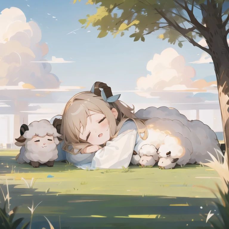 <lora:SleePeace:1.0>, sleepeace, 1girl, grass carpet, outdoors, tree, cloud, sheeps,, ultra_detailed:1.2