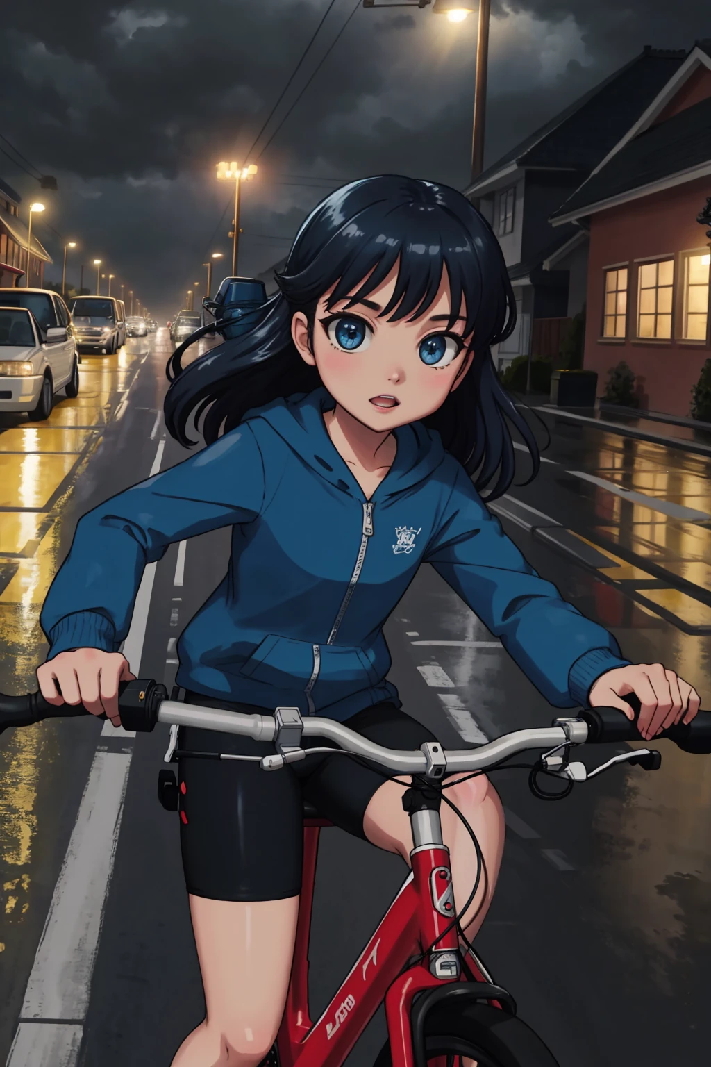 kids riding bikes suburban street storm and rain, (masterpiece:1.2) (illustration:1.2) (best quality:1.2) (detailed) (intricate) (8k)  (cinematic lighting) (sharp focus)