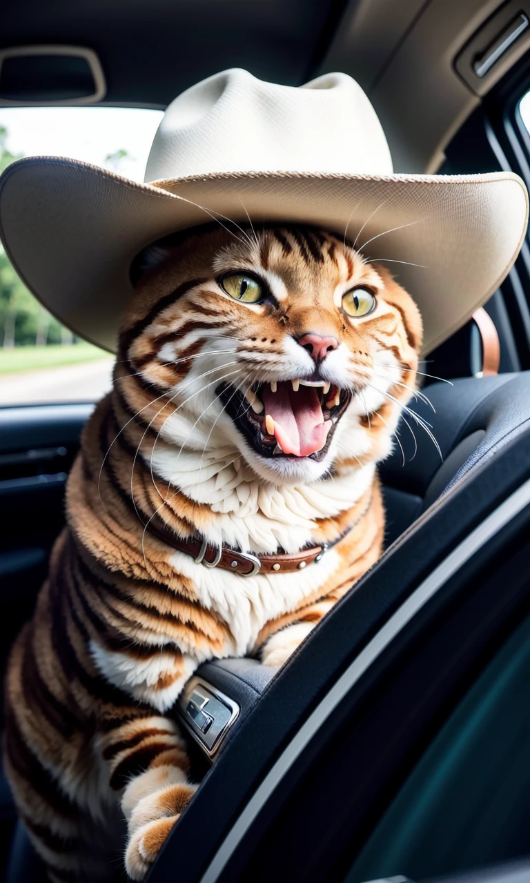 Cat, In a car, With a cowboy hat, Laughing strong,