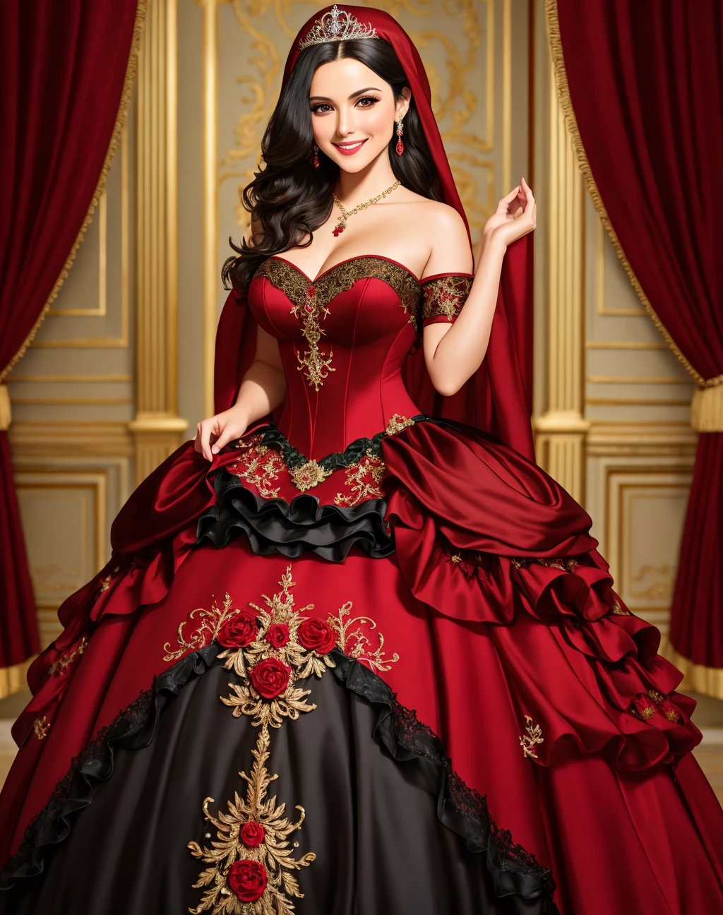 4K, Masterpiece, highres, absurdres, smiling,beautiful ballgown,(RHG:1.2), a dark haired woman, dressed in a red and black costume ,wearing RHG, wearing a ballgown <lora:LittleGown:0.7>