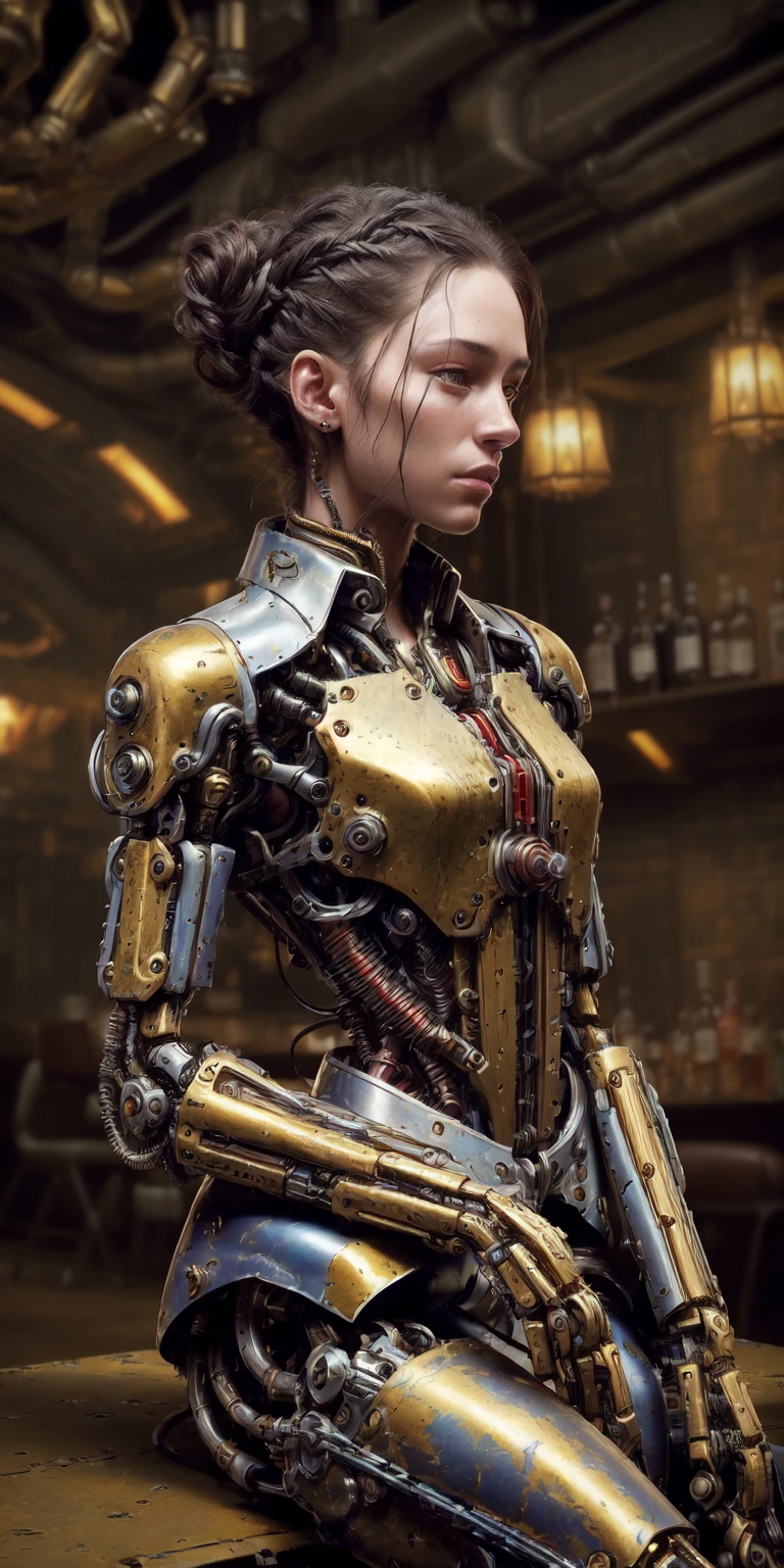 <lora:reelmech:1> (mechanical parts:1.5),beautiful (EvelynNobodySD15) western RPG character brunette hair upsweep updo button shirt at a cantina sitting bar tequila liquor bottles, Lighting-Gold (dark moody ambience:1.2) (masterpiece:1.2) (photorealistic:1.2) (bokeh) (best quality) (detailed skin:1.2) (intricate details) (Clutter-Home) (8k) (HDR) (cinematic lighting) (sharp focus)