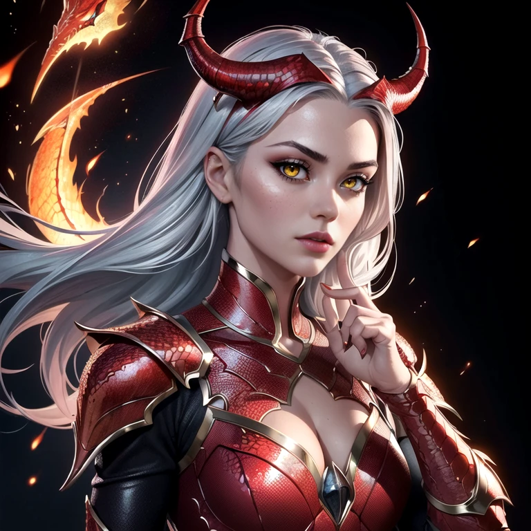 woman in her 20s, (perfect face), defined jawline, beautiful lips, (beautiful bright yellow eyes), (red detailed dragon scales on skin), (red scaly dragon armor), (sexy), (long flowing silver hair), goat horns, (perfect hands), looking at viewer, (medium shot photograph), (dark flaming background), photorealistic