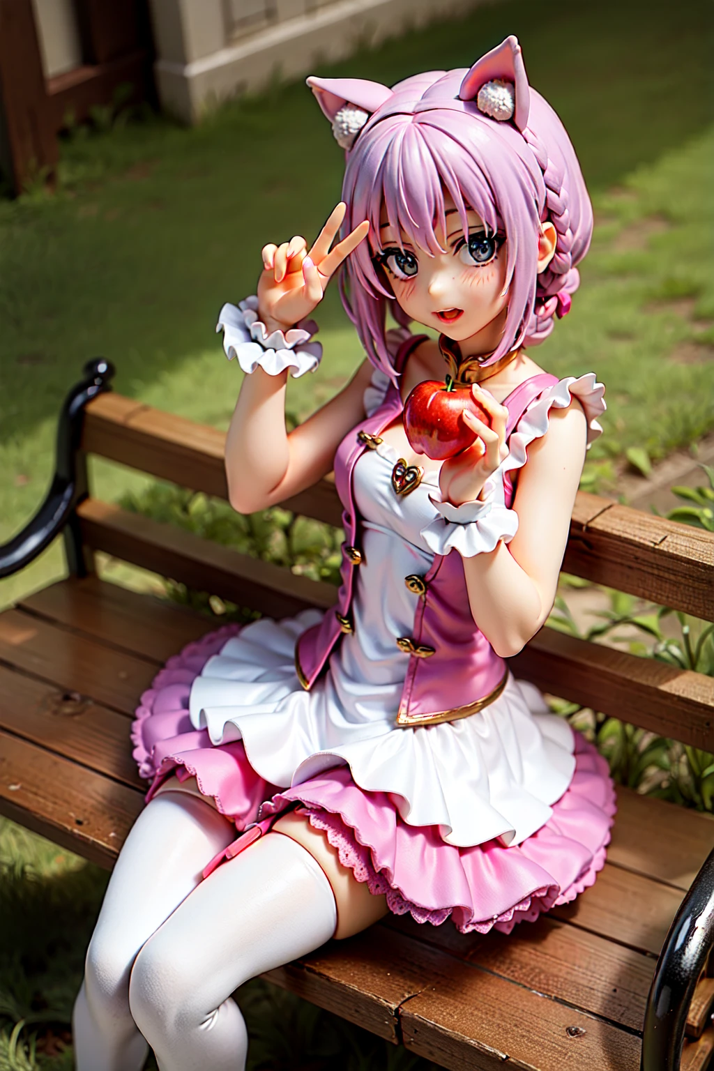 a person in a clown costume on a bench near a house with a clown mask, in the style of magical girl, applecore, dignified poses, chinapunk, soft femininity,