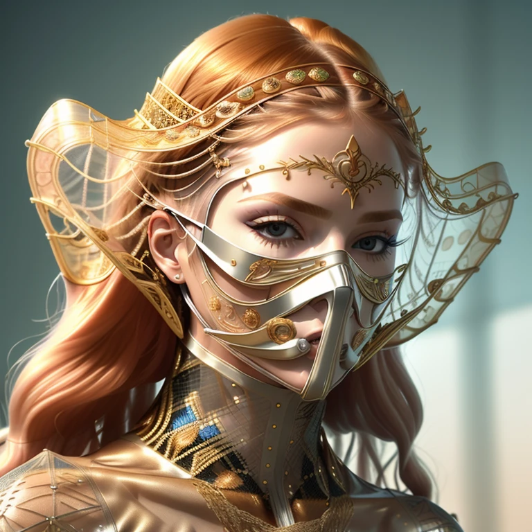 <lora:weird future fashion_v2:1> adult supermodel with detailed long golden curly frizzy flowy hair, wearing golden ((translucent and intricately embroidered) (metallic surgical mesh mask) covering face, (([obscured mouth:detailed lips:0.4]))), extremely detailed face, wearing colorful weird future fashion, luxurious and intricate golden accents, cinematography, intricately detailed, crafted, meticulous, magnificent, maximum details, extremely hyper aesthetic, (strong shallow depth of field, bokeh, professional photoshoot), (overcast lighting, flat even studio lighting), strong jawline sexy face, front lit, (low contrast, hdr), smoldering gaze