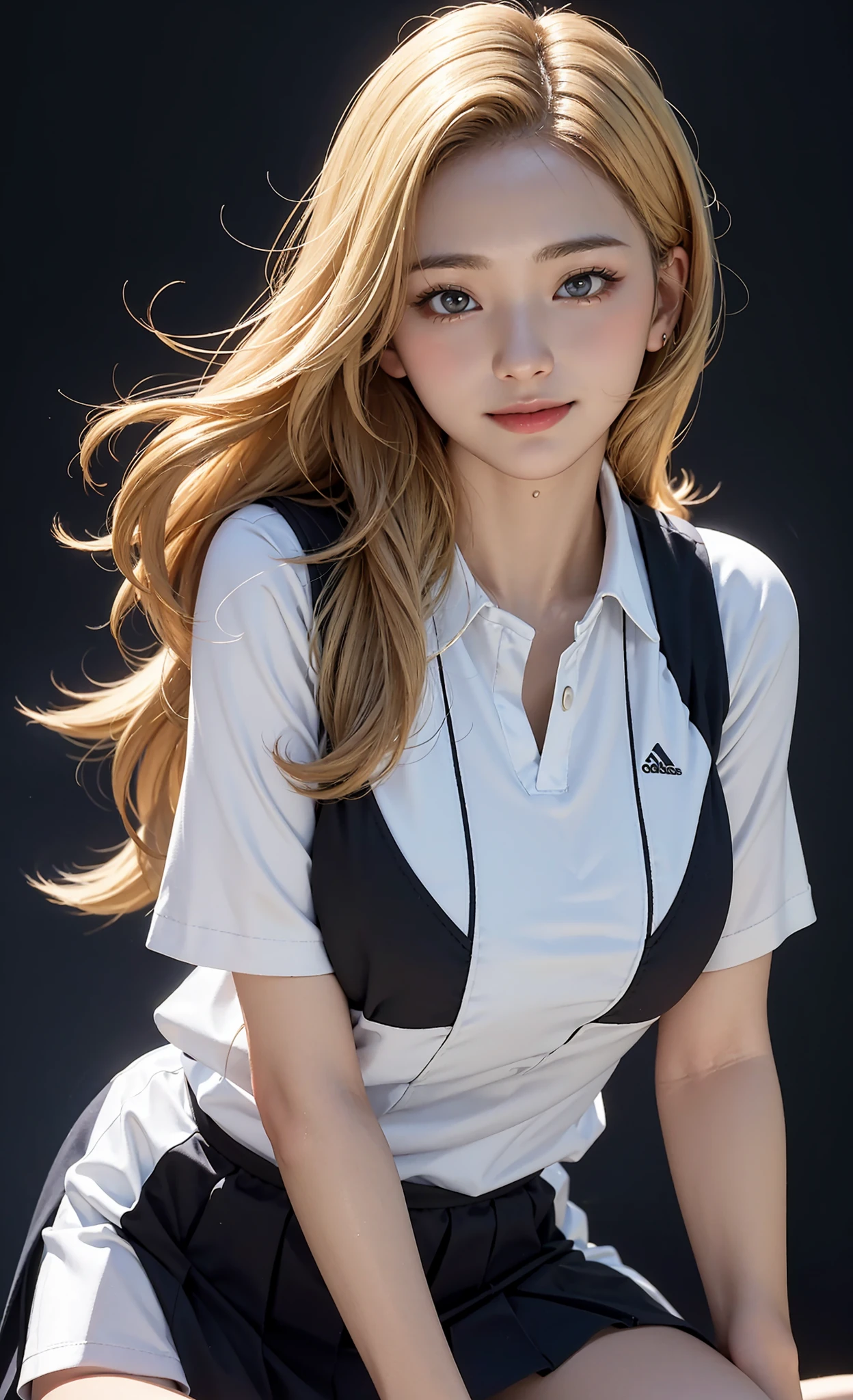 (Did We Really Love), (masterpiece, best quality), (photo realistic), (photograpy), (intricate detail, Detailed Face), high-resolution, HDR, 1girl, solo focus, 20 years old sexy korean girl,
front view, looking at viewer,
Light smile,
blond hair,
variety of hairstyles,
High teen style,
black high-teen fashion, black tennis uniform,
Simple Black Background,
gigantic breasts:0.3,
wide hip:0.4,