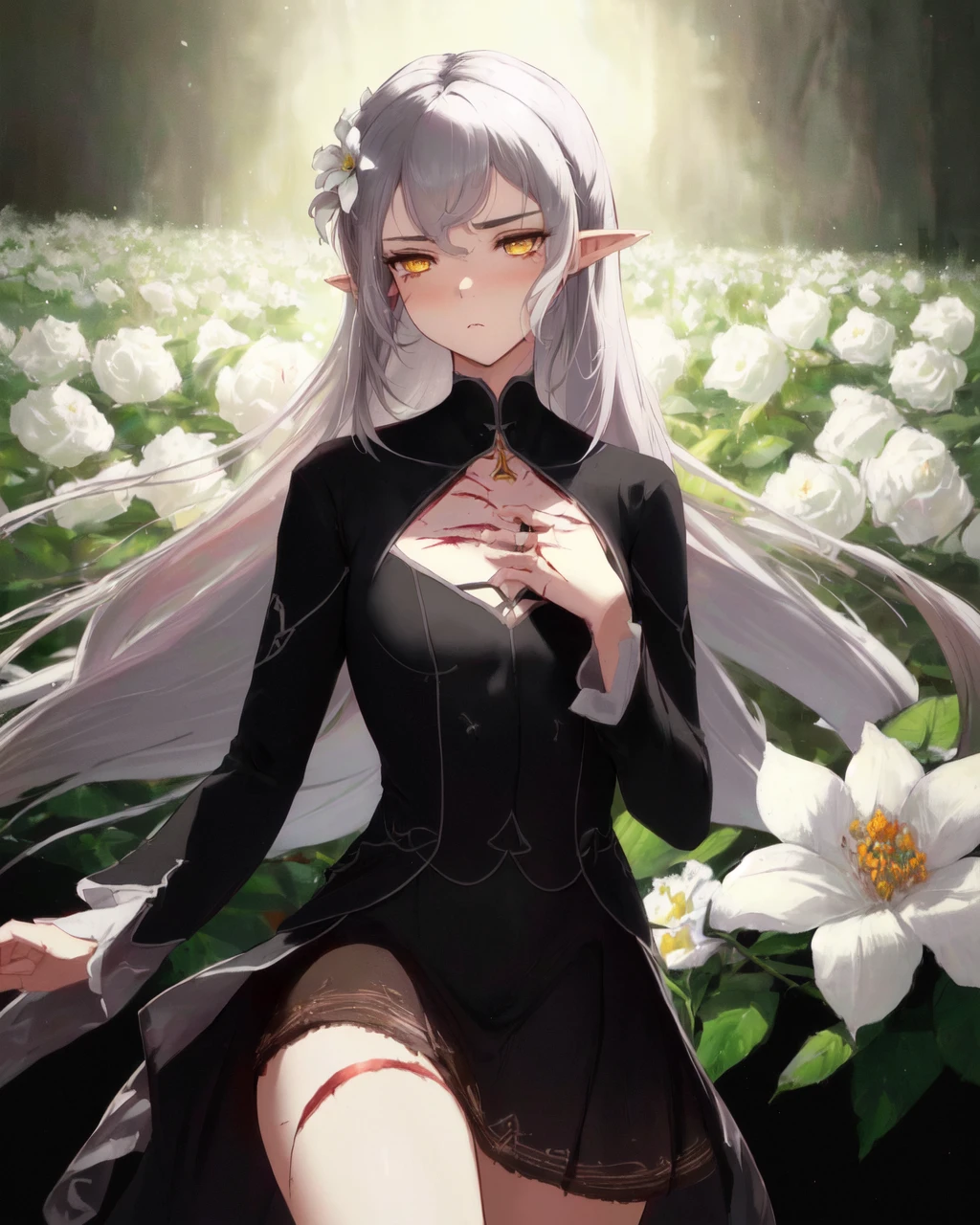 <lora:e7 Briseria:1.2> e7 Briseria, flat chest, light gray hair, yellow eyes, very long hair, (((((big scar on her chest))))), ((two big white flowers in her hair)), (thin), sad look, pointy ears, cleavage, short black dress, short skirt, long sleeves, small silver flower pendant,
(masterpiece), best quality, highres, 4k, 8k, Detailed Illustration, intricate detail, cinematic lighting, amazing quality, 1girl, fit female, amazing shading, soft lighting, facing camera, perfect eyes,
