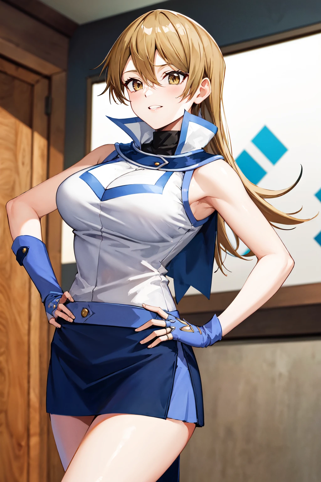 masterpiece, best quality, highres, ta1, white jacket, sleeveless, blue skirt, fingerless gloves, large breasts, <lora:tenjouin_asuka_v1:0.7>, hand on hip, cowboy shot