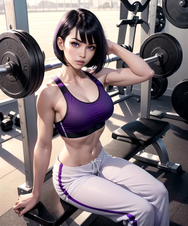 woman in her 20s, Japanese, (perfect face), beautiful lips, (beautiful purple eyes), (short black bob cut hair, straight bangs), (perfect anatomy), athletic body, (sexy), (purple sports bra), (white loose baggy jogging pants:1.2), (perfect hands), (sitting on a benchpress set), looking at viewer, (medium shot photograph), (gym background), photorealistic