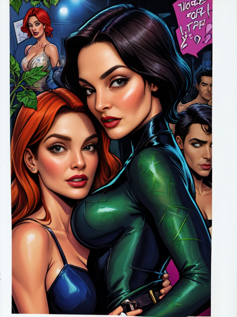 add_detail, masterpiece, person as Catwoman and and Uma Thurman as Poison Ivy, comic,