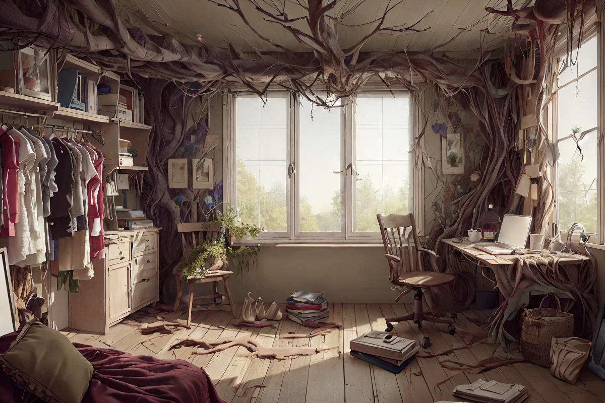 <lora:RootsBranchesAIv5:0.91> RootsBranchesAI,
indoors, pov, no_humans, bedroom, bed, shelf, table, closet, window, window, blinds, box, rug, bed_sheet, comforter, pillow, poster_\(object\), laptop, desk, pen,keyboard_\(computer\), chair, slippers, magazine_\(object\), book, clothes, messy_room,, (masterpiece:1.3), (best_quality:1.3), (ultra_detailed:1.3), 8k, extremely_clear, realism, (ultrarealistic:1.3),, insane details, intricate details, hyperdetailed, ultra detailed, extreme detailed, highest detailed, high_detail, colorful, beautiful, hdr, photorealistic, highres, ultra_high_res, photography, aesthetic, extremely_delicate,