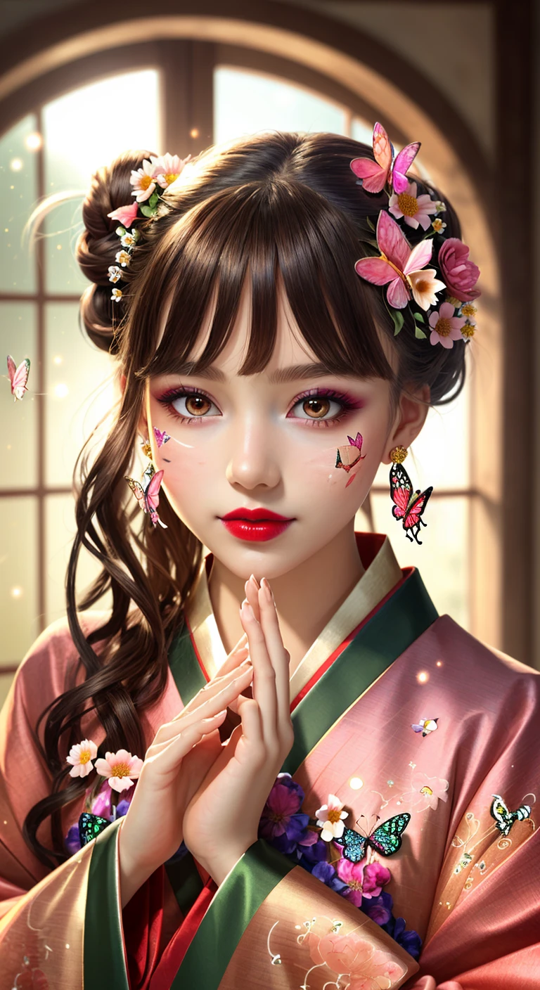 (((masterpiece))), best quality, [ultra detailed|extremely detailed], detailed background, glowing, light particles, light rays, atmospheric lighting, sparkle, 1girl, detailed face, hanfu, hair ornament, flower, long hair, solo, hair flower, holding, long sleeves, black hair, hair bun, wide sleeves, jewelry, earrings, looking at viewer, hands up, red lips, facial mark, makeup, window, lattice, petals, pink flower, butterfly, branch, bug