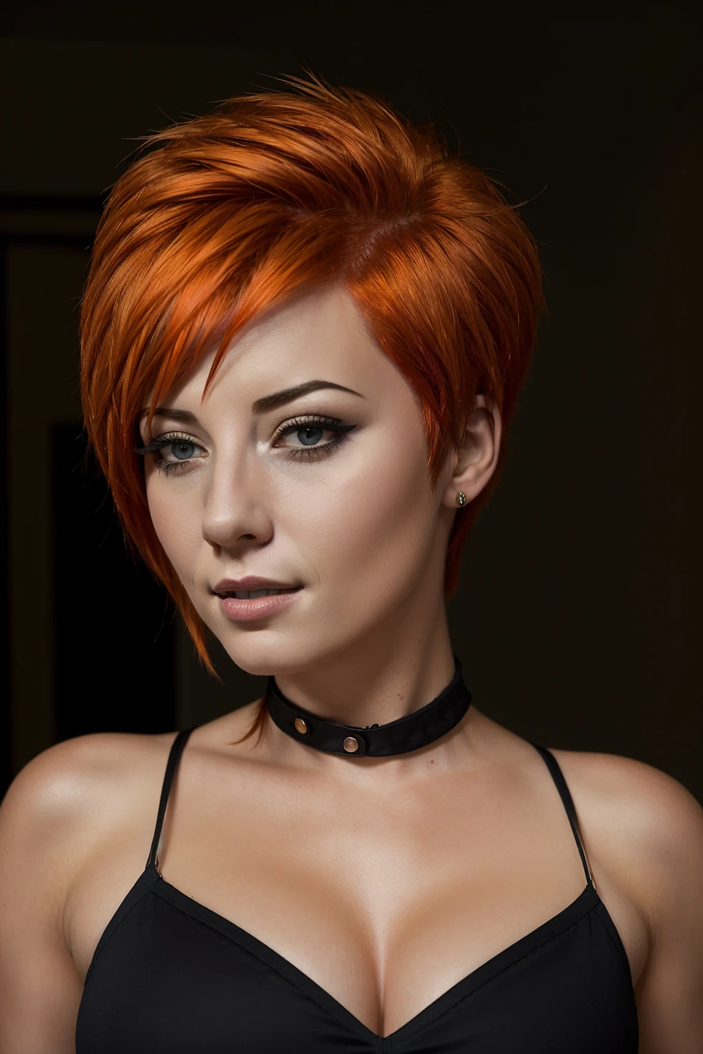 bmb-fc, <lora:bimbo-fc-1.6:1>, dark, rim lighting, two tone lighting, dimly lit, low key, ,<lora:epi_noiseoffset2:1>, portrait of woman by Flora Borsi, style by Flora Borsi, bold, bright colours, orange Mohawk haircut, ((Flora Borsi))