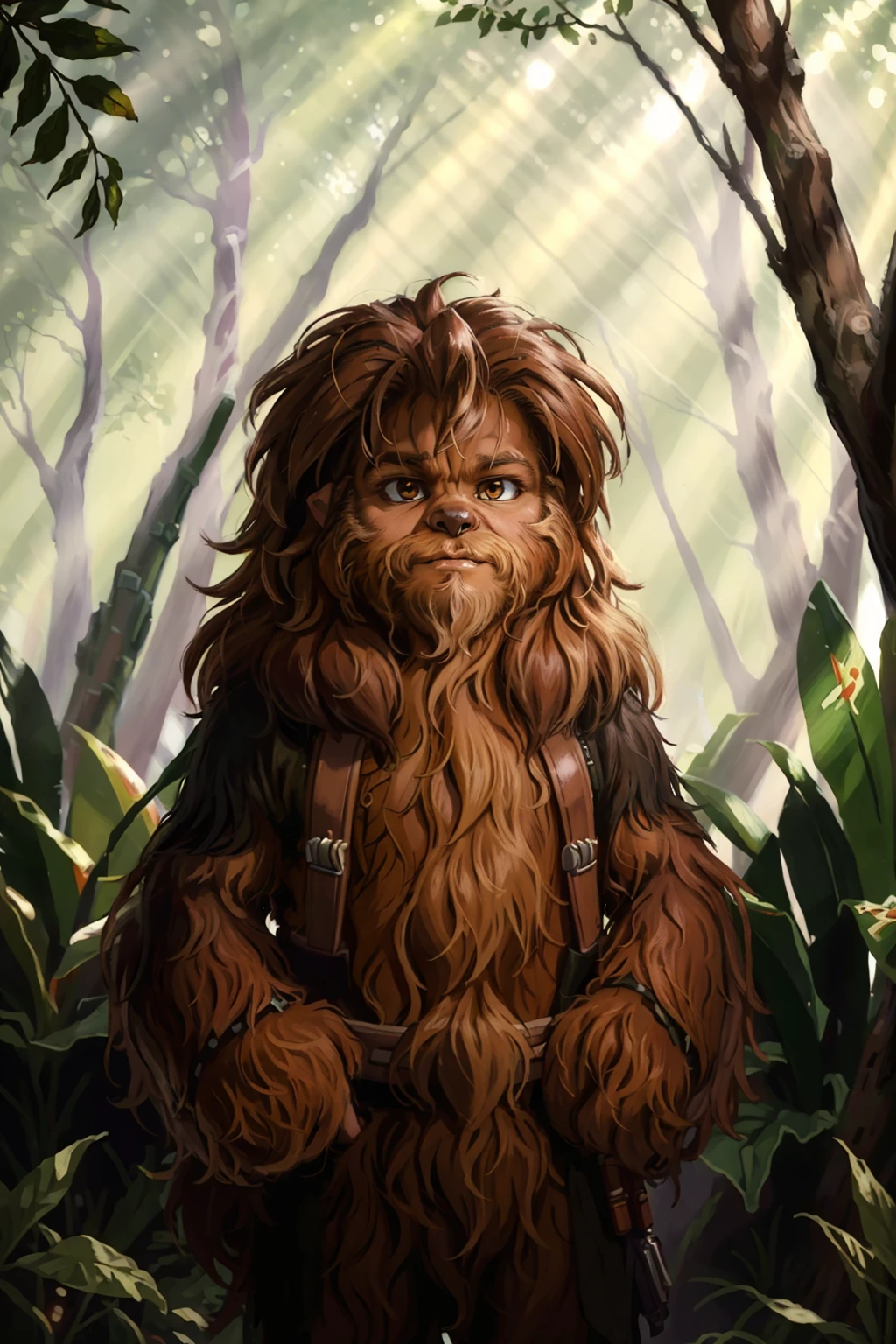 (AS-Younger) cute adorable hairy body hair Wookie, jungle planet (masterpiece:1.2) bright morning light (photorealistic:1.2) (bokeh) (best quality) (detailed fur:1.3) (intricate details) (8k) (cinematic lighting) (sharp focus) <lora:Wookie:0.8>