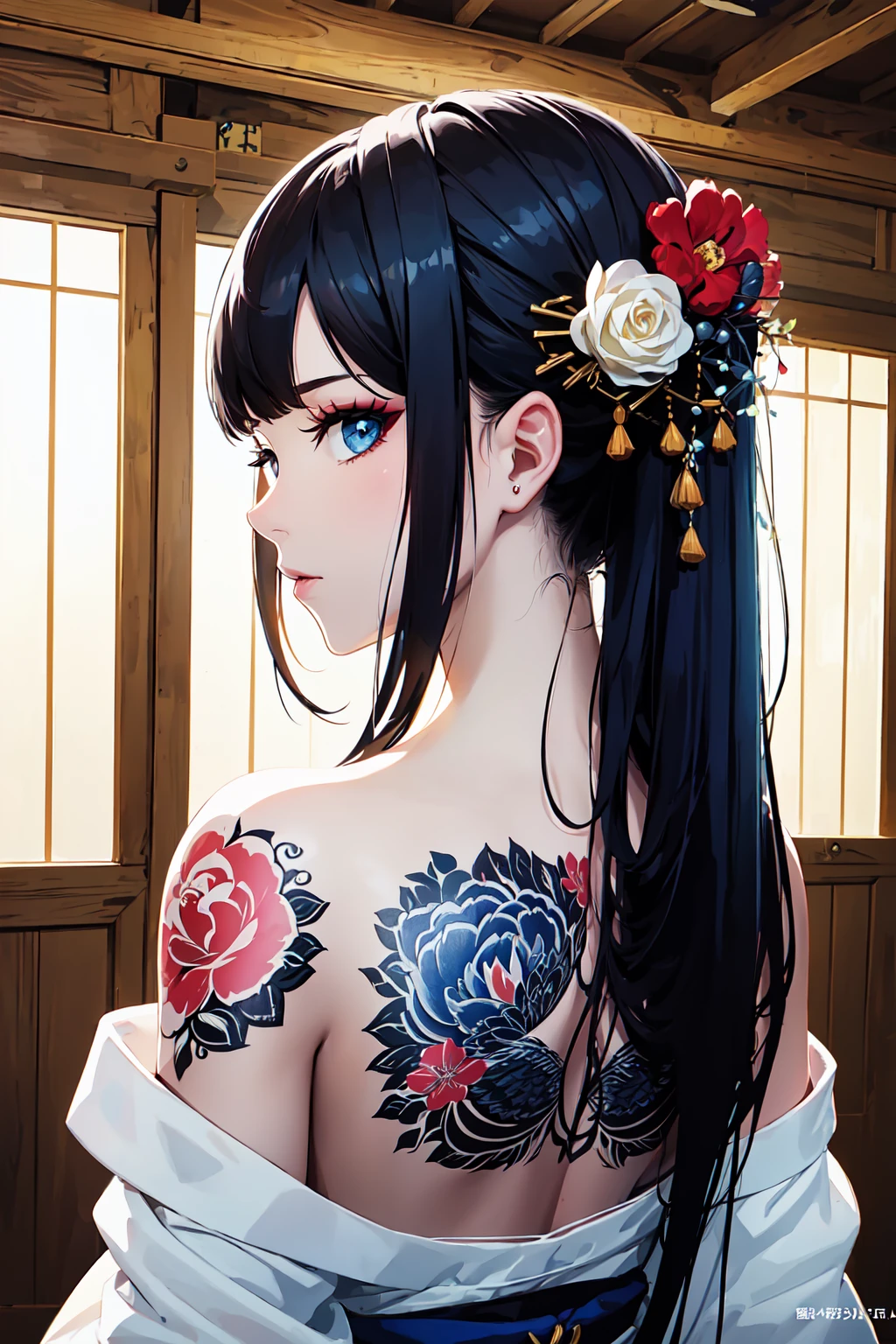 (masterpiece, top quality, best quality, official art, beautiful and aesthetic:1.2),1girl, tattoo, solo, japanese clothes, hair ornament, unsheathing, black hair, sheath, back tattoo, blue eyes, off shoulder, bare shoulders, looking back, from behind, flower, looking at viewer, holding, makeup,
indoor,