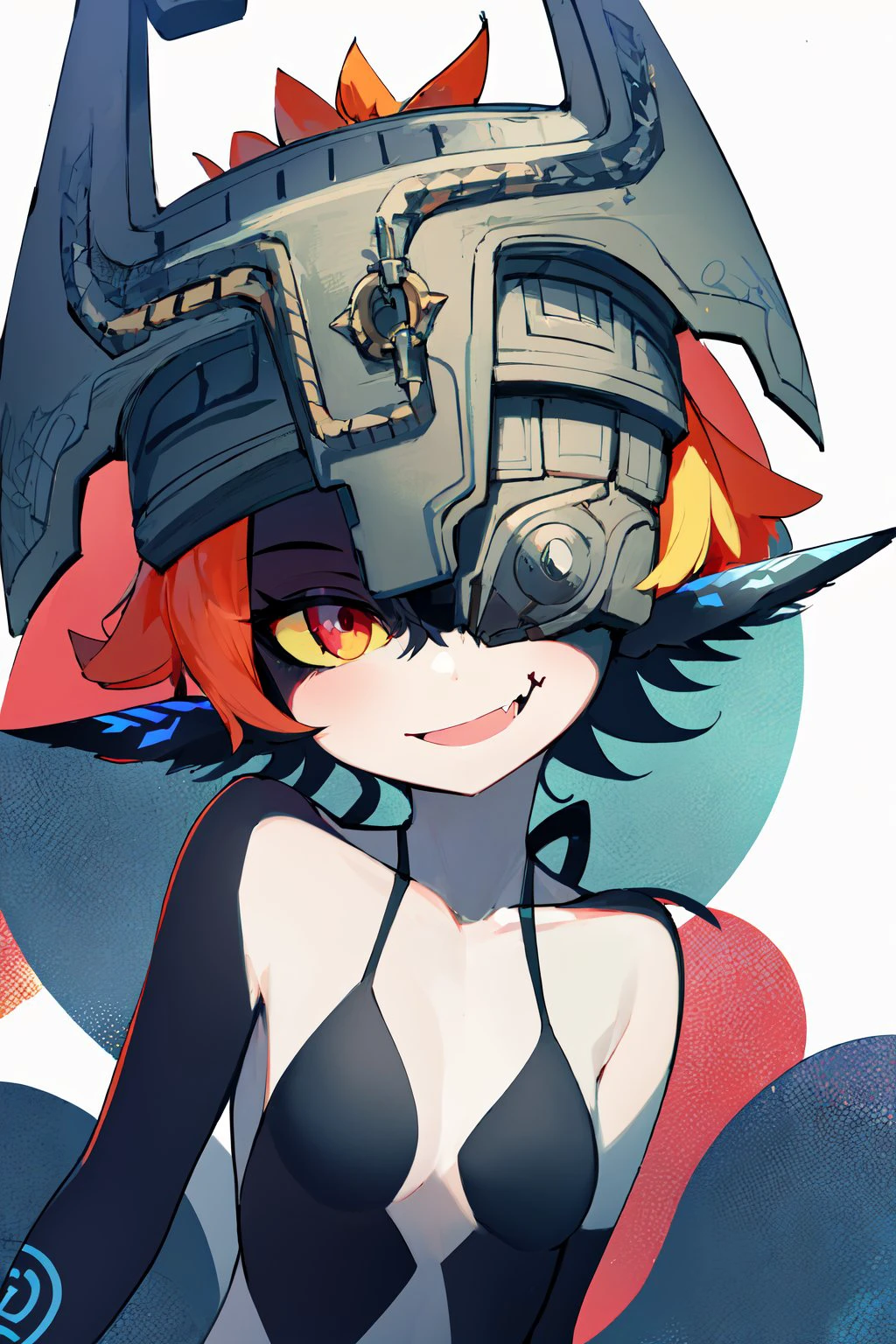 <lora:tloz_midna-10:1>, solo, 1girl, midnaimp, fang, smile, looking at viewer, helmet, colored sclera, yellow sclera, one eye covered