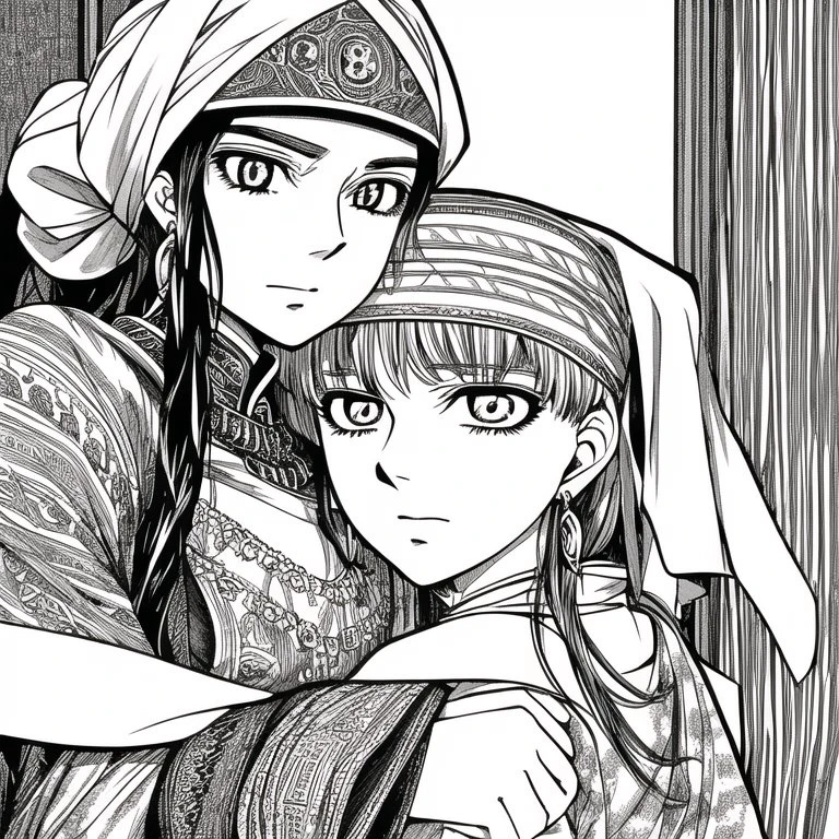 <lora:otoyomegatari:1>, otoyomegatari, greyscale, monochrome, halftone, drawing, manga, asian, eye focus,  blonde hair, brown hair, dog, dual persona, earrings, gloves, green hair, hairband, hat, highres, hug, jewelry, long hair, pink hair, pointy ears, ponytail, red eyes, red hair, redhead, silver hair, young
