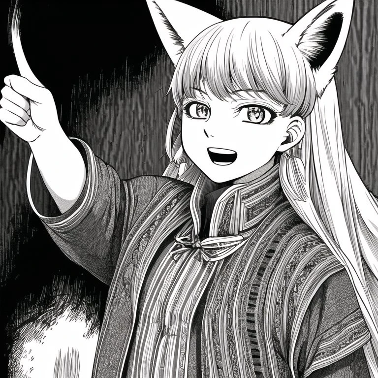 <lora:otoyomegatari:1>, otoyomegatari, greyscale, monochrome, halftone, drawing, manga, asian, eye focus, 1girl, :d, alternate costume, animal ears, bangs, black eyes, blonde hair, contemporary, extra ears, fox ears, fox girl, fox tail, hair between eyes, highres, jacket, lantern, looking at viewer, multicolored hair, open mouth, outdoors, pants, paper lantern, pointing, red jacket, smile, solo, storefront, tail, two-tone hair, white hair