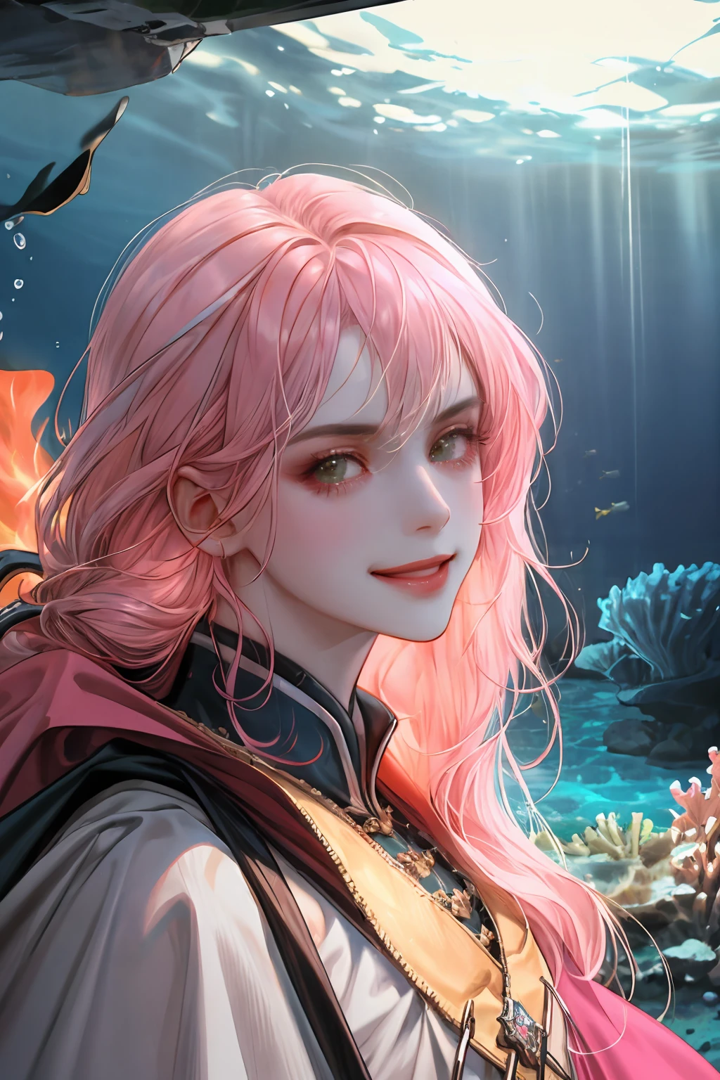 (absurdres, highres, ultra detailed), 1girl, solo, mature, aged up, (wavy long hair:1.3, pink hair), portrait, looking at viewer, solo, half shot, detailed background, close up, smug smile, fighting stance, flash outfit, cape, underwater, under the sea, corals, waves, flames, battle scene, cinematic atmosphere,, dutch angle