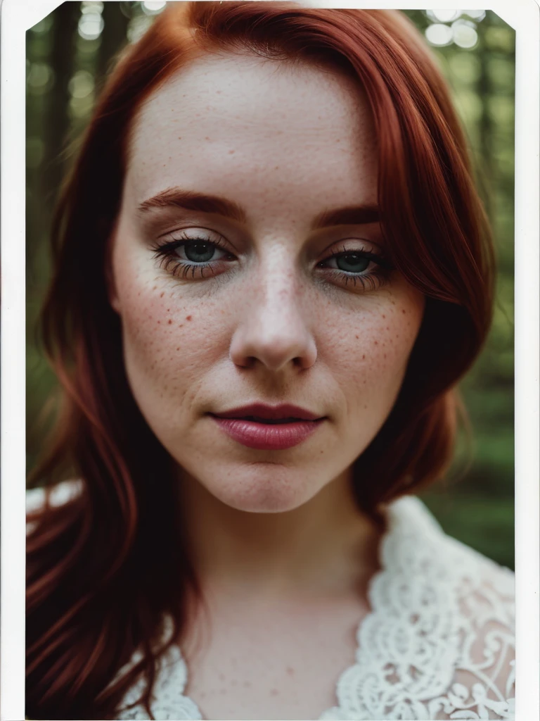 Polaroid, Real Photography, close up, bokeh, DOF, alone, (redhead Scottish woman), 30 yo, lace robes, intricate skin details, (thicc), Raw photo, (perfect eyes), cute, skin imperfections, ultra skin texture, halo, (midday sunlight streaks spilling over face), unbelievable intricate details, real lighting, bloom, volumetric lighting, cinematic lights, kneeling in forest, lit face