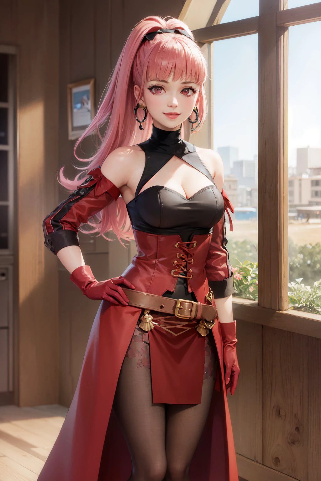(masterpiece, best quality:1.2), <lora:fireemblem_hilda-10:1>, solo, 1girl, hilda valentine goneril, smile, looking at viewer, hand on hip, ponytail, hildaalt, clothing cutout, cleavage cutout, red gloves, bare shoulders