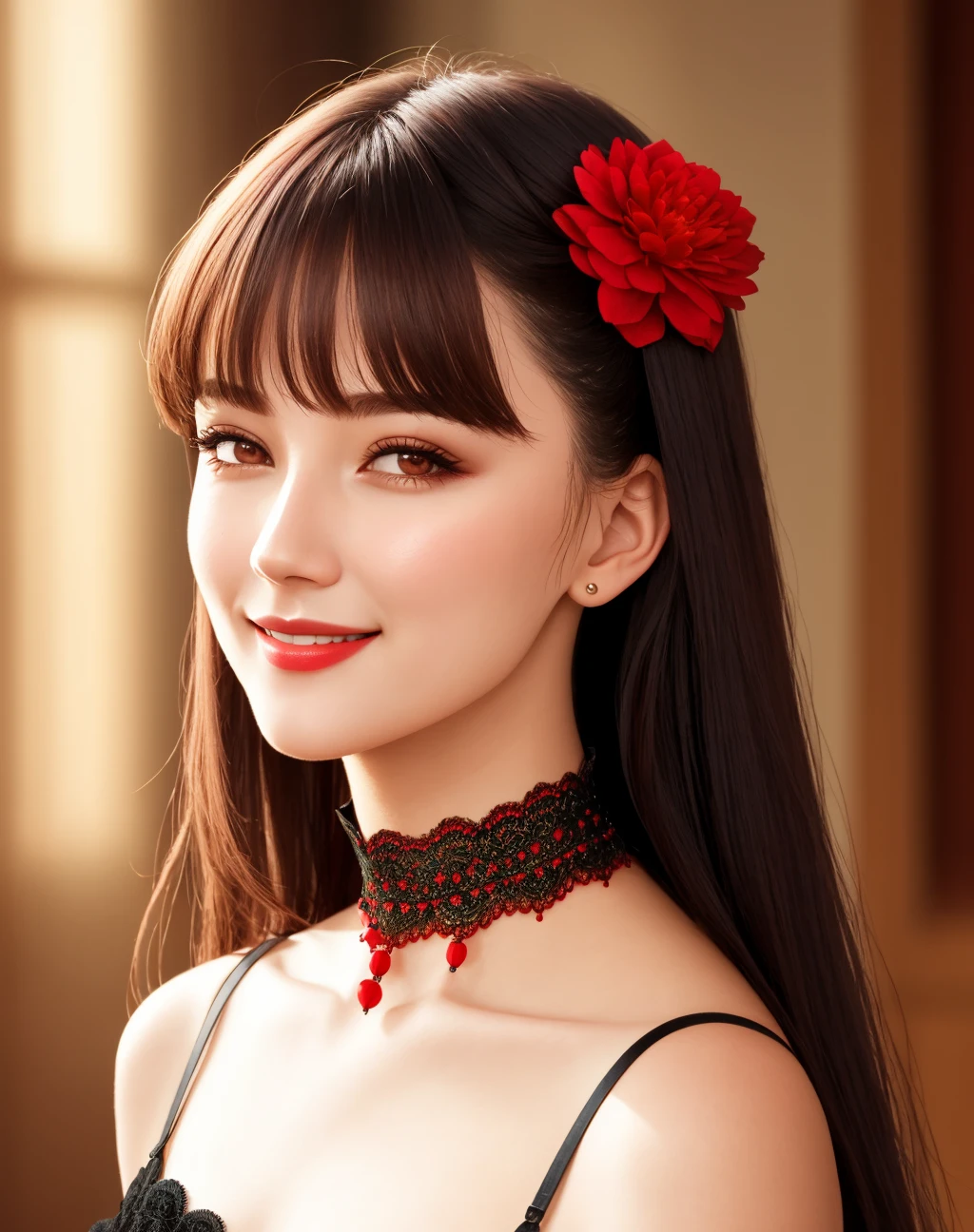 4K, Masterpiece, highres, absurdres,photorealistic, cute attractive face, smiling, edg_choker, a woman wearing a black lace collar with red beads , edg_choker around the neck,cowboy shot, <lora:edg_choker:0.7>